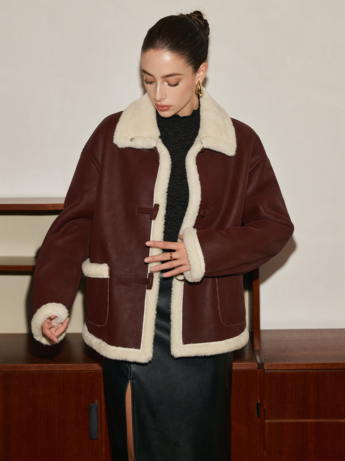 Fleece Lined Faux Leather Lapel Coat