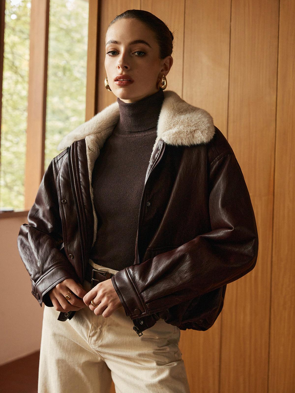 Fleece Lined Faux Leather Zipper Coat