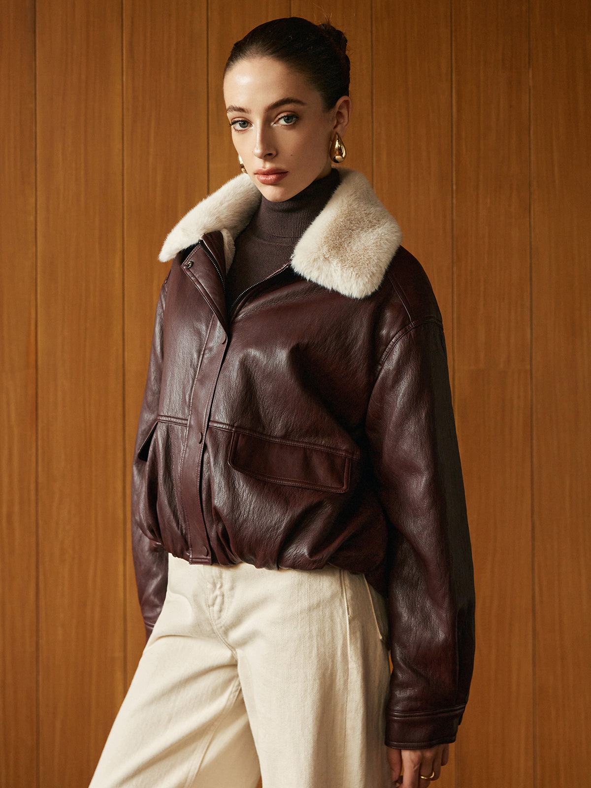 Fleece Lined Faux Leather Zipper Coat