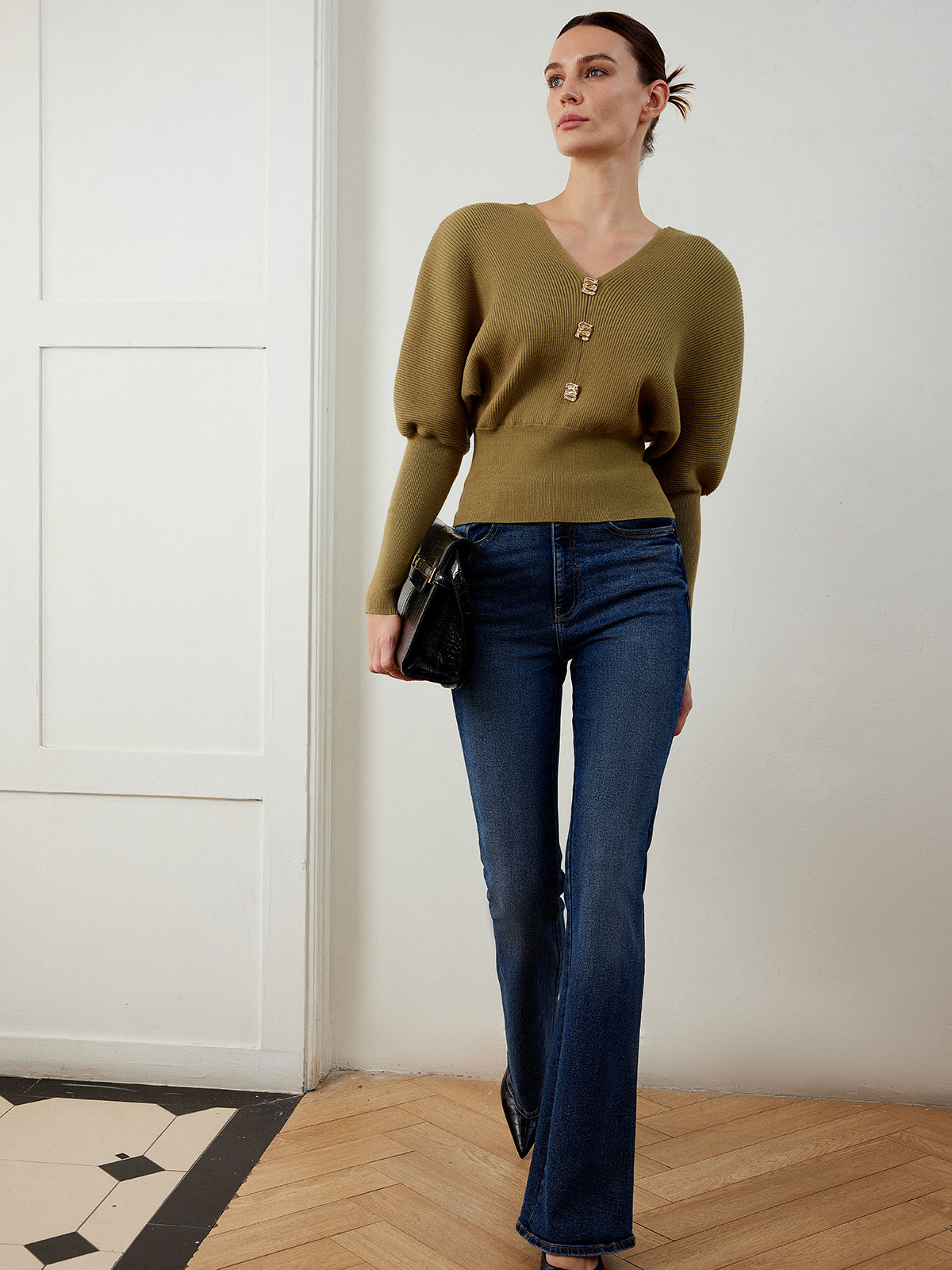 Leg-Of-Mutton Sleeve Cinched Sweater