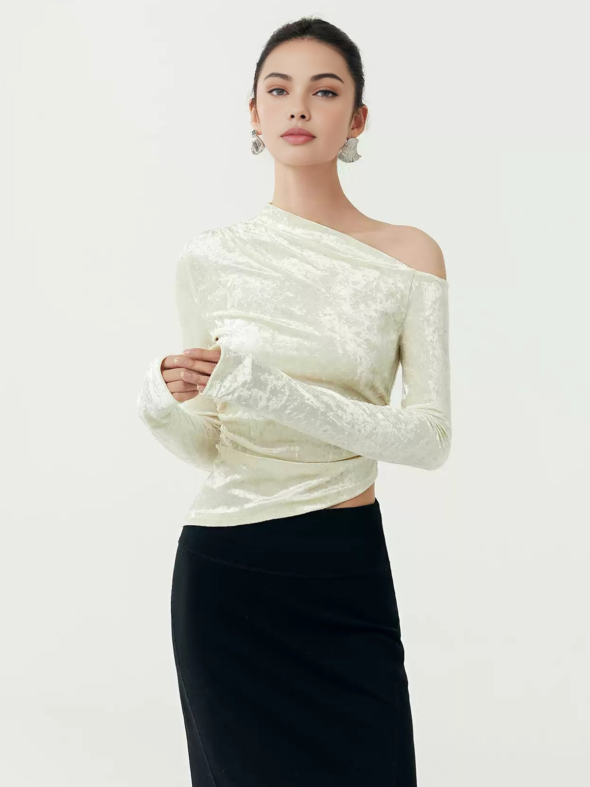 One-Shoulder Pleated Velvet Blouse