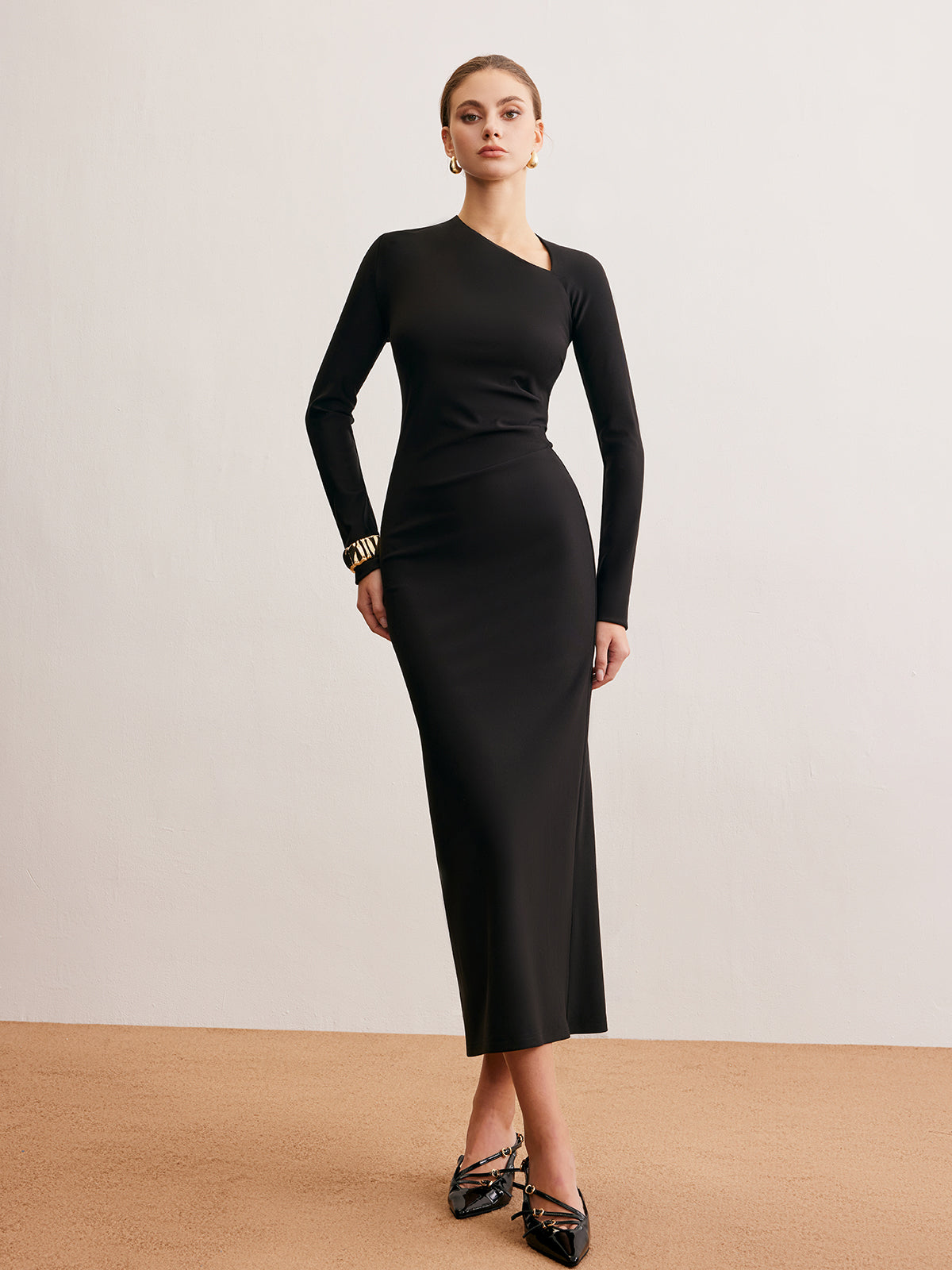 Asymmetrical Neck Plain Jersey Dress