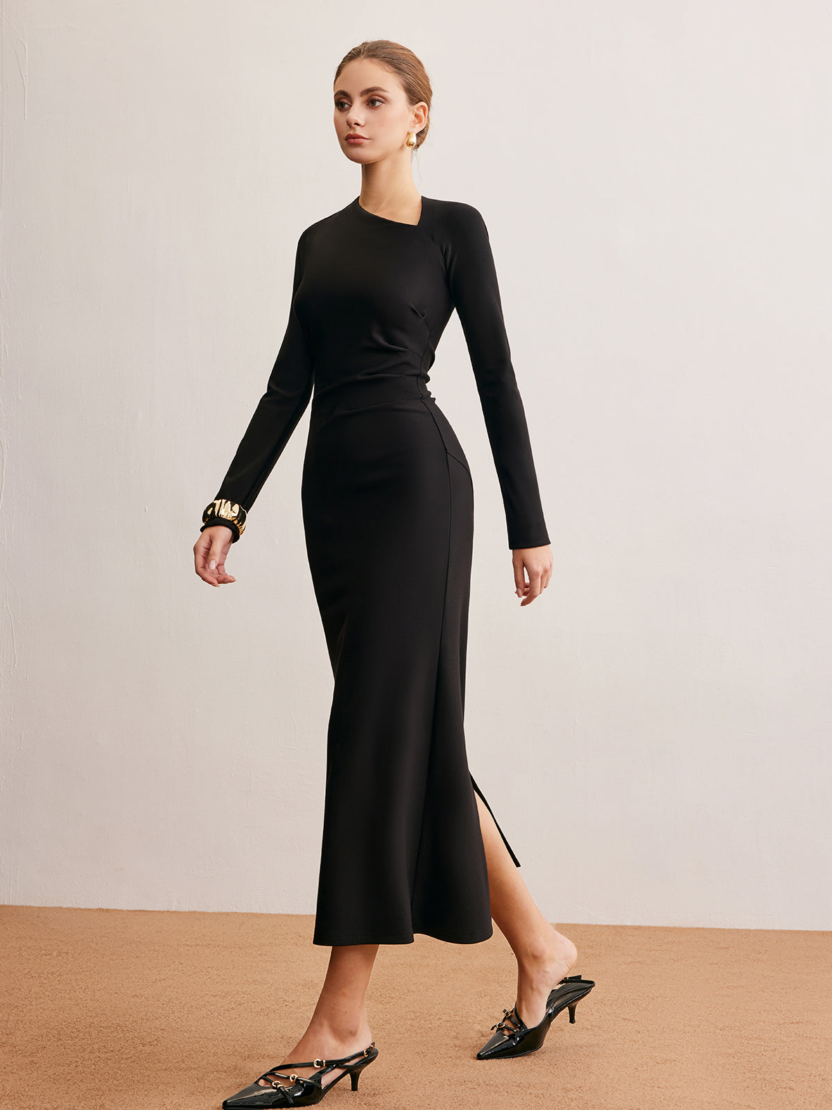 Asymmetrical Neck Plain Jersey Dress