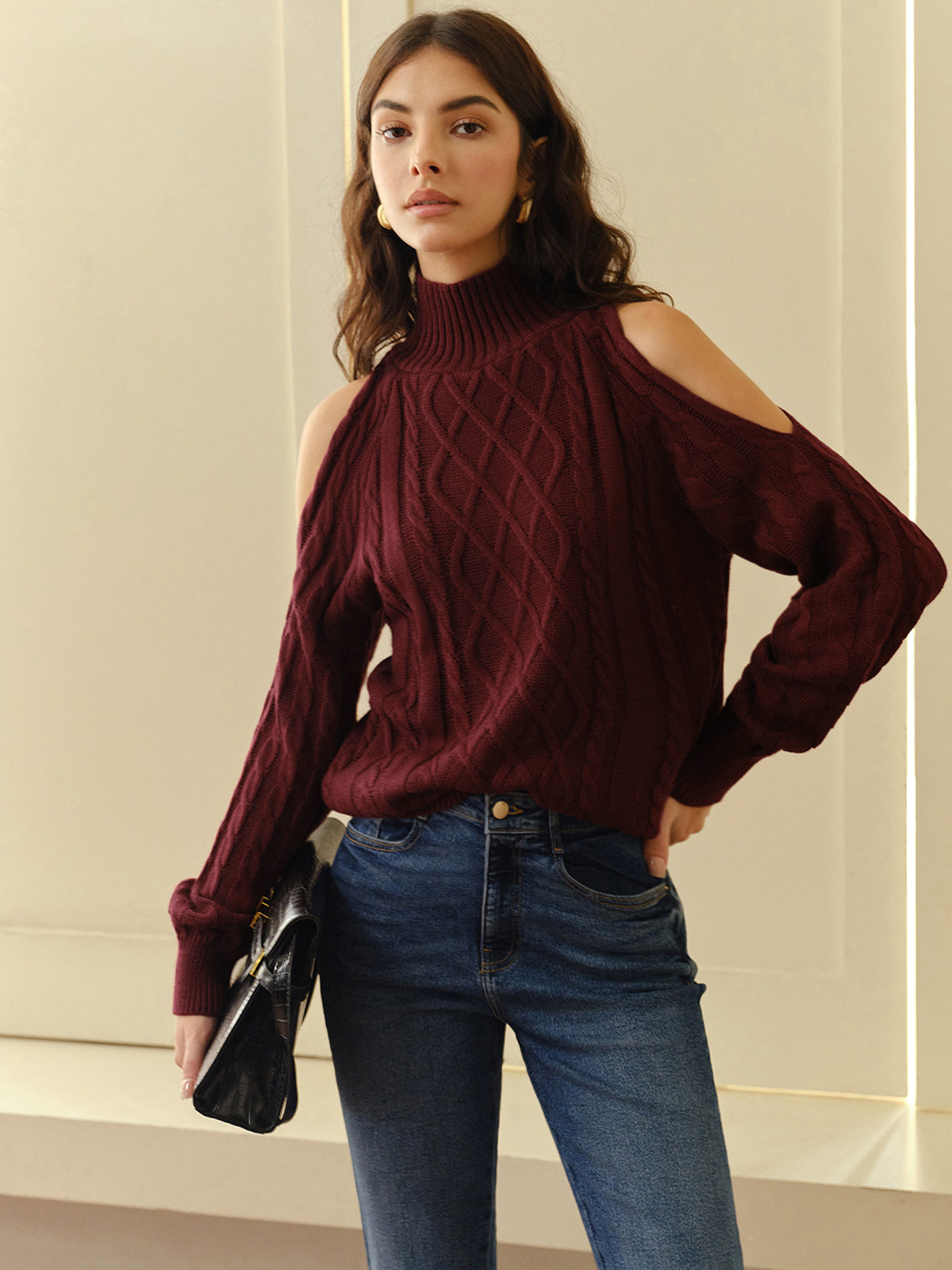 Mock Neck Cold-Shoulder Knit Top