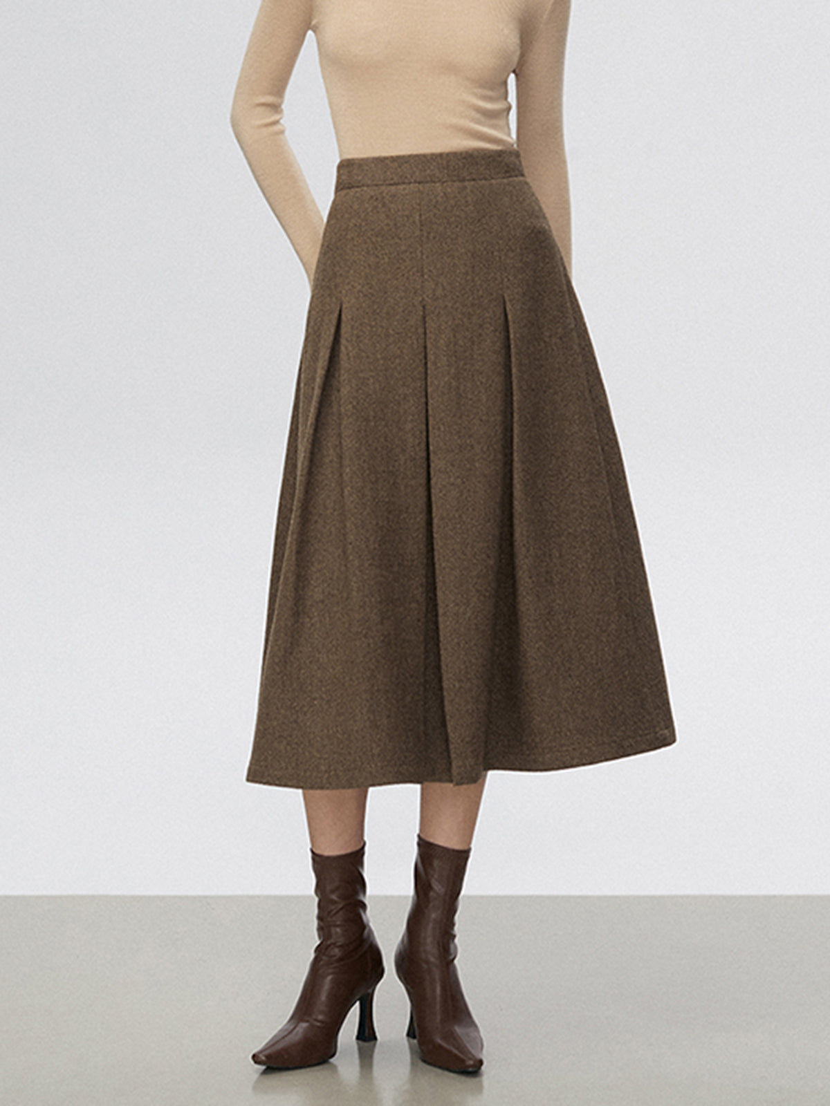 Wool-Blend Chevron Tweed Pockets Skirt