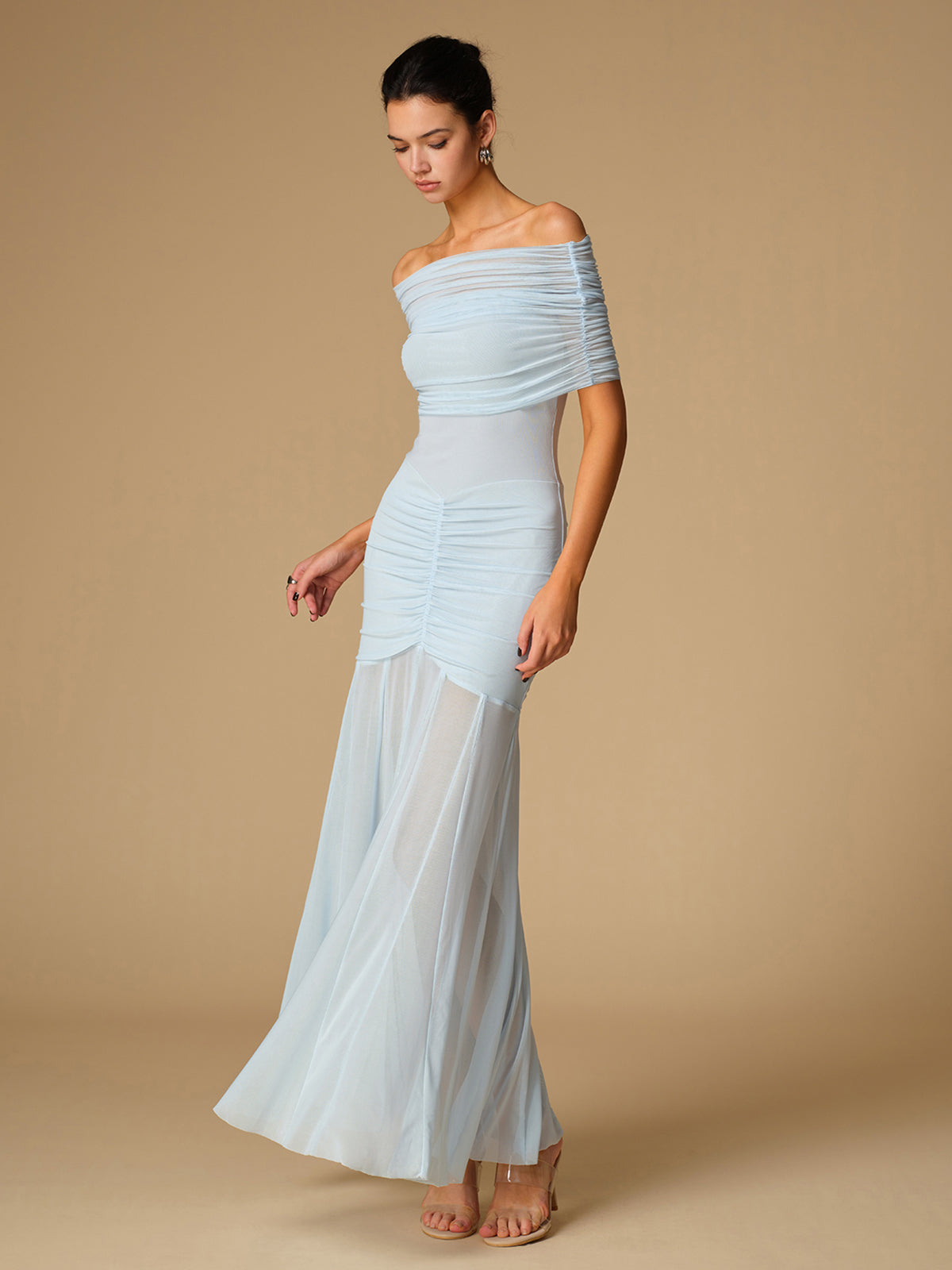 Off-Shoulder Ruched Semi-Sheer Dress