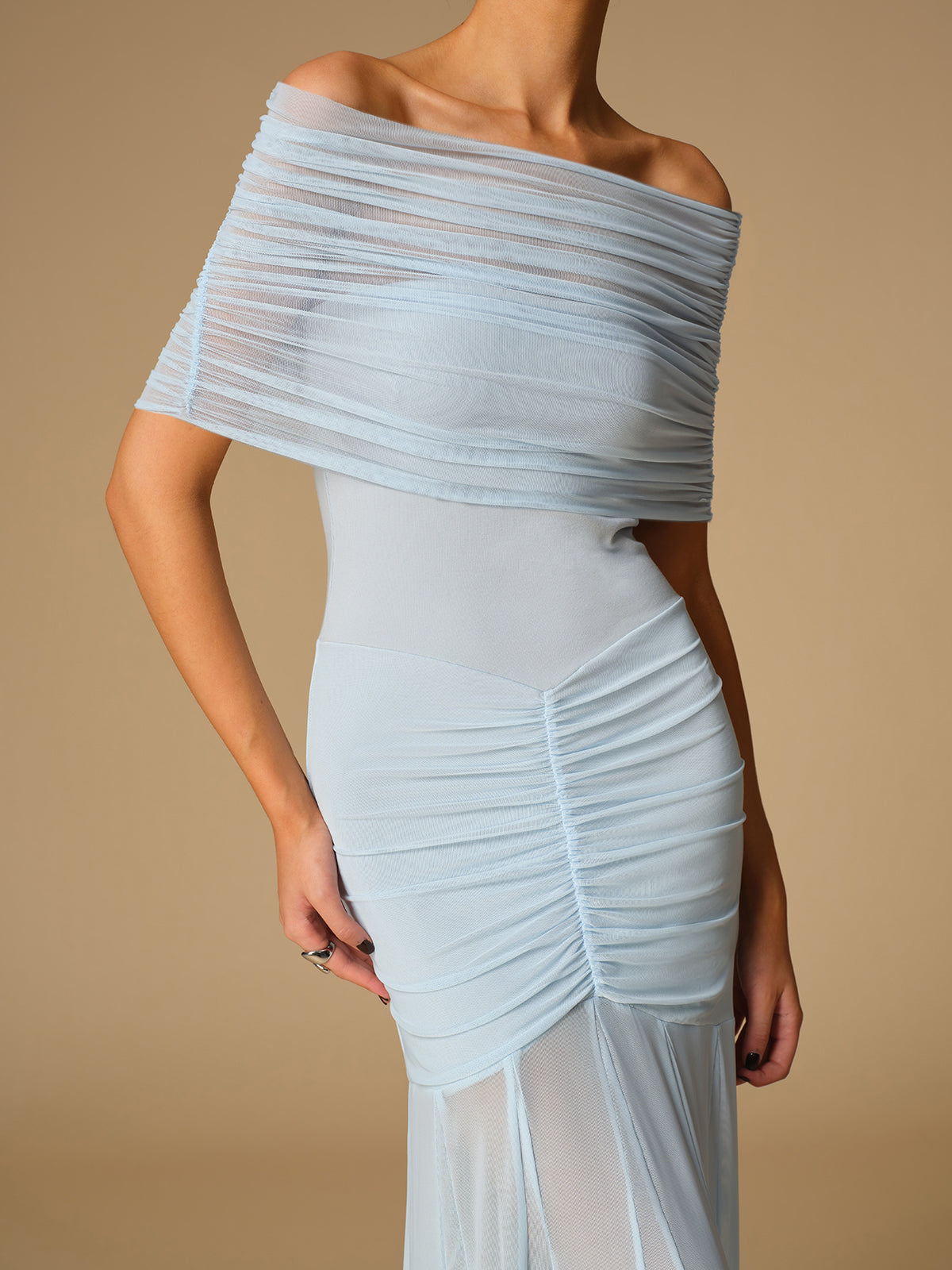 Off-Shoulder Ruched Semi-Sheer Dress