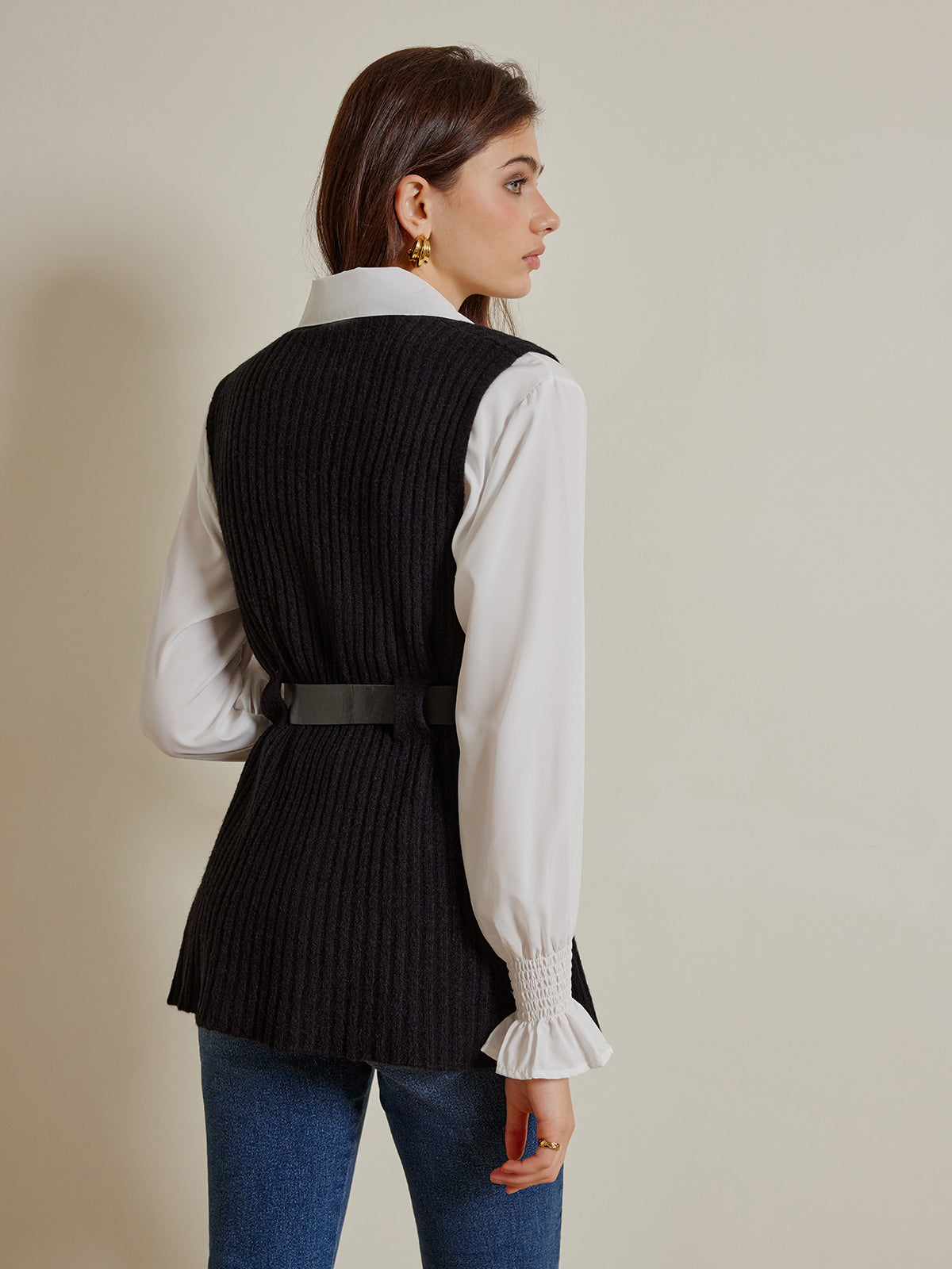 Two-Piece Belted Sweater With Polo Shirt