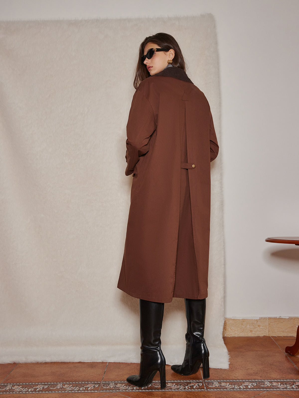 Contrast Collar Pleated Trench Coat