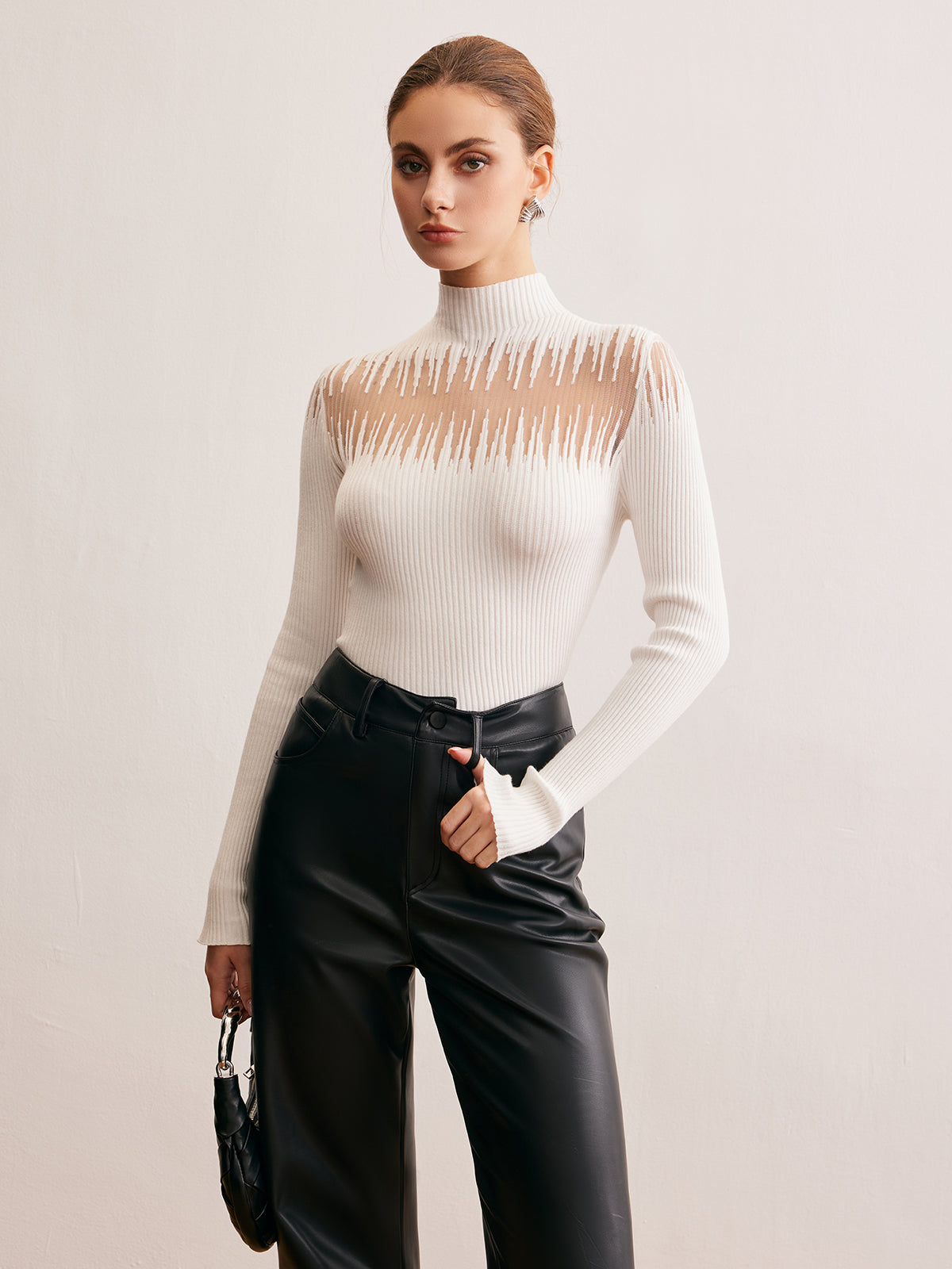 Mock Neck Sheer Panel Knit Top