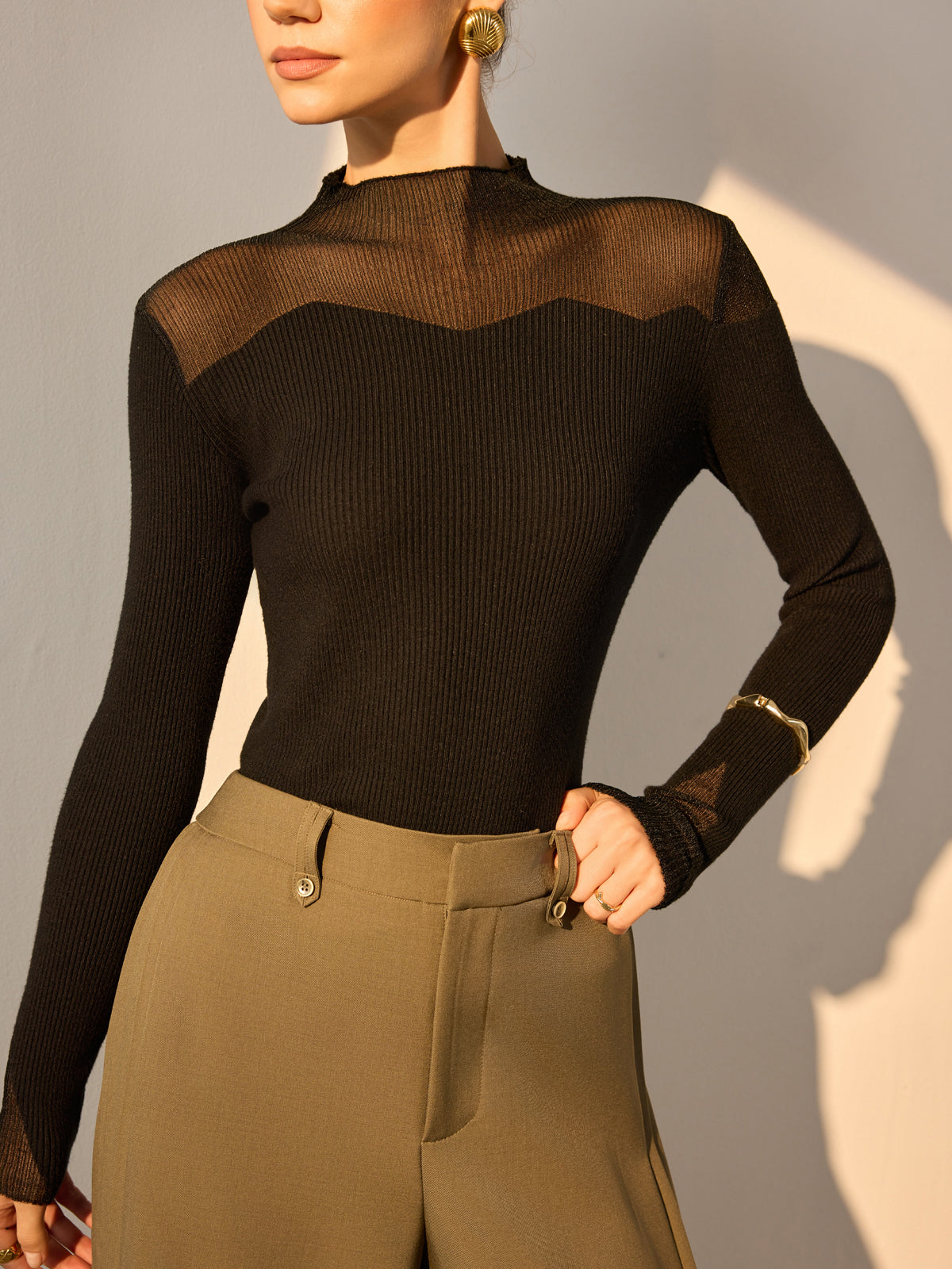 Mock Neck Mesh Panel Slim Sweater