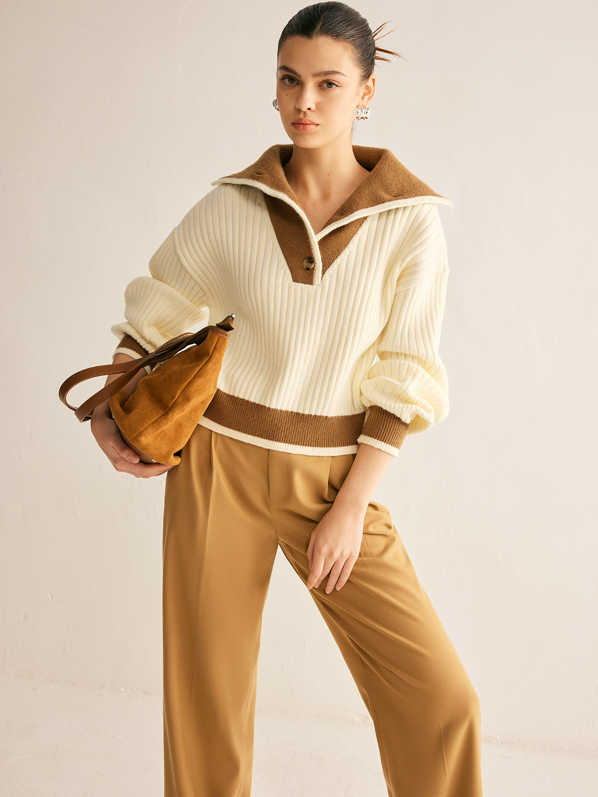 Contrast Trim Lapel Button Sweater