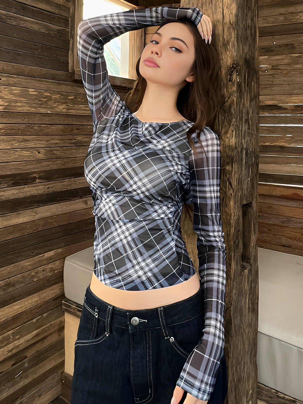 Checked Crop Mesh Blouse