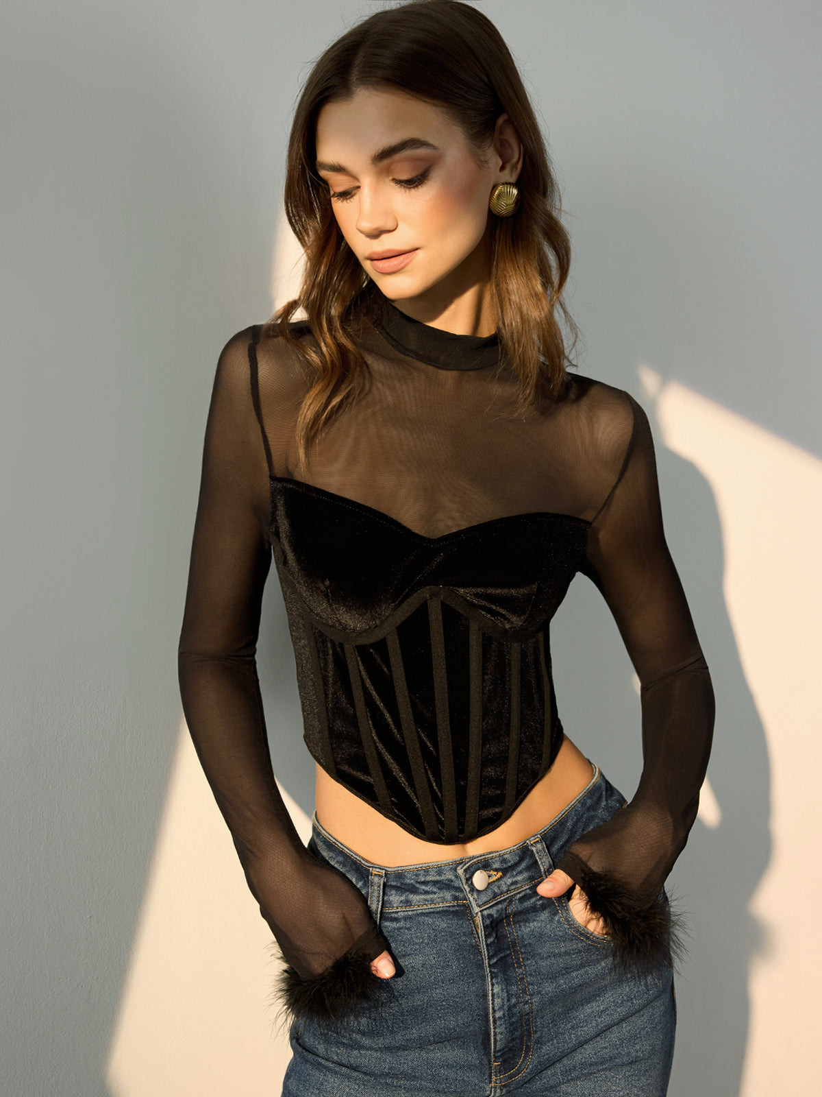 Tulle Panel Velvet Crop Blouse