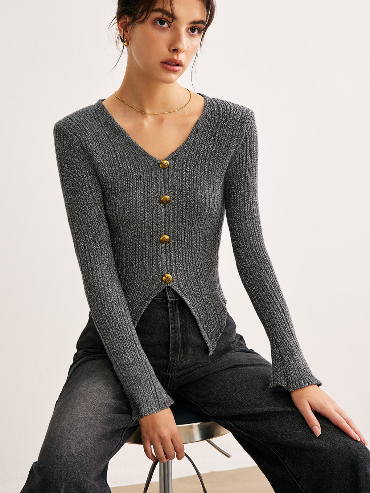 V-Neck Split Petite Sweater