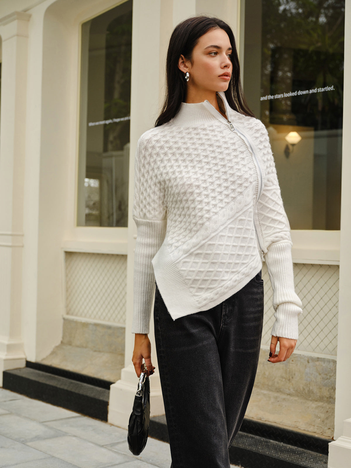 Asymmetrical Mock-Neck Zipper Sweater