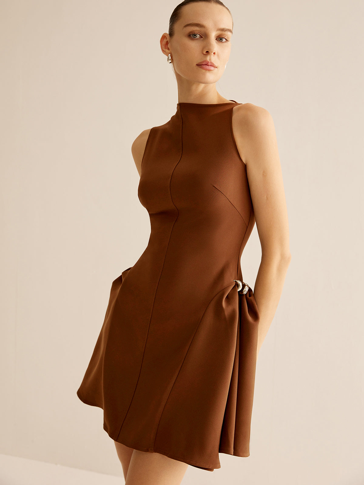 Asymmetrical Collar Panel Ruched Dress