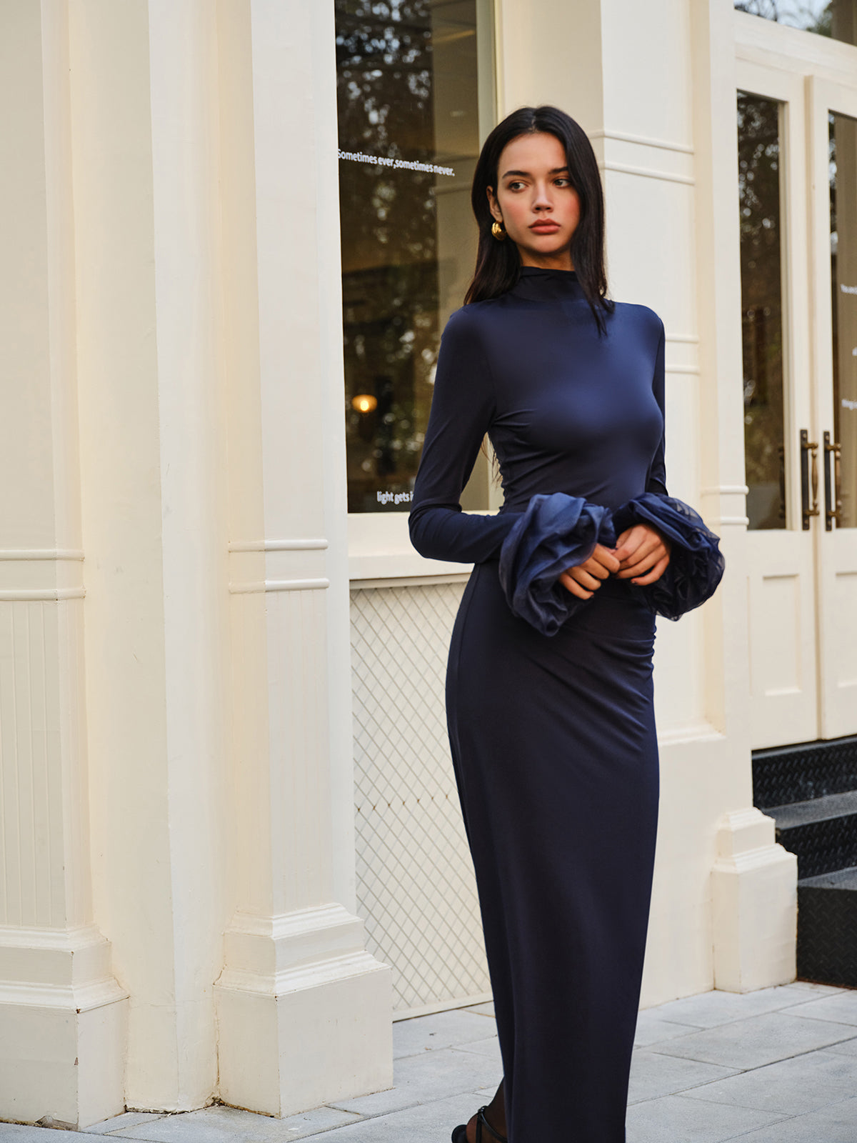 Elegant Ruffle Split Jersey Long Dress