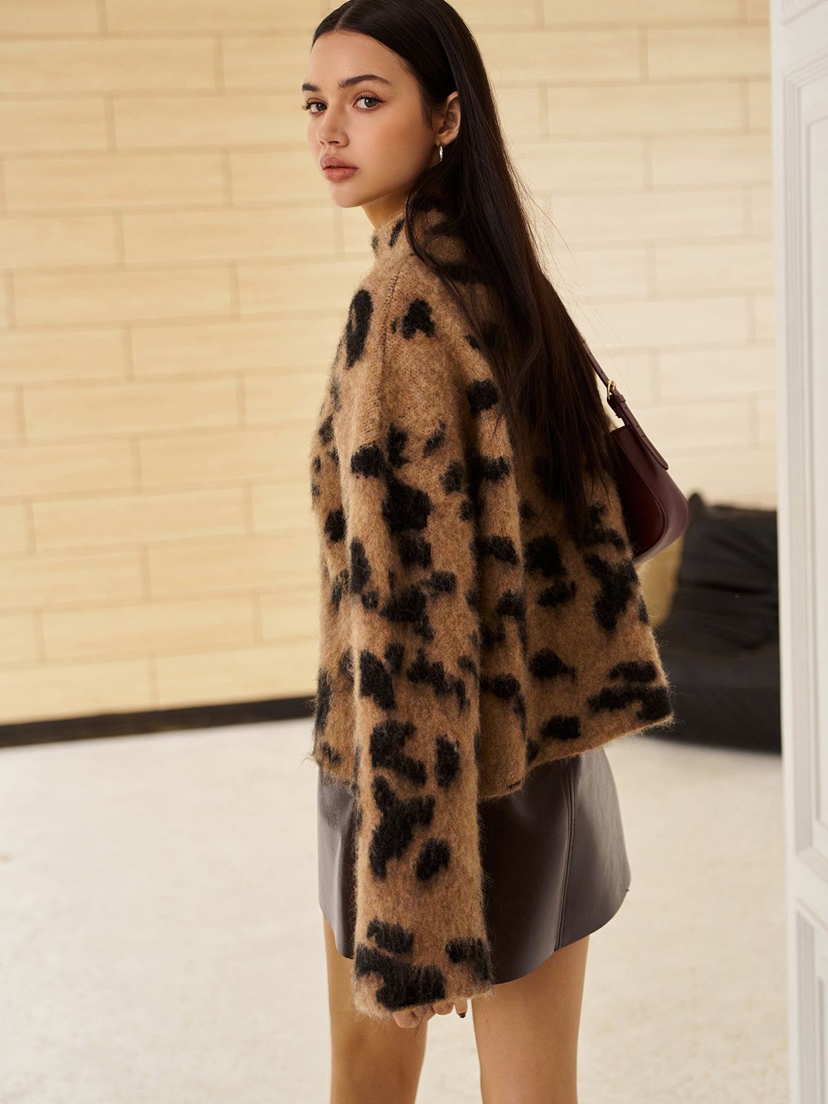 Wool-Blend Leopard Fuzzy Sweater