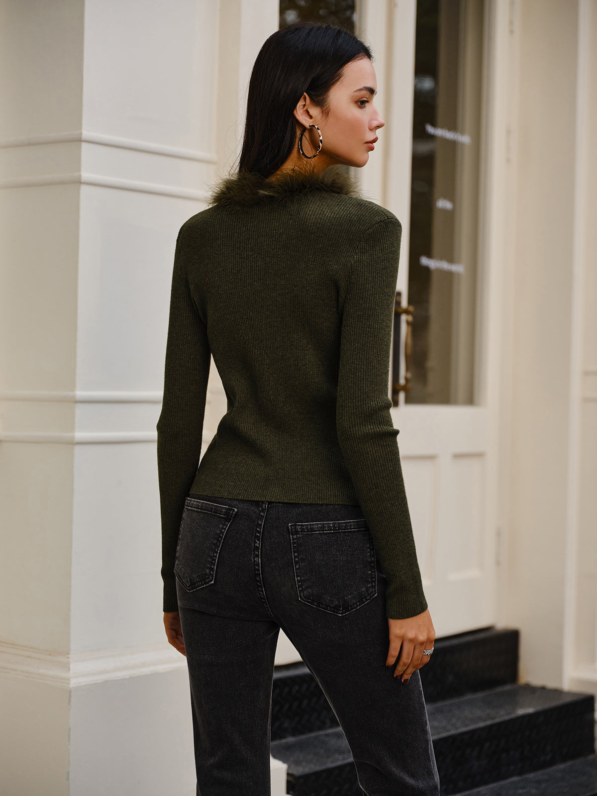 Feather Trim Wool-Blend Slim Sweater