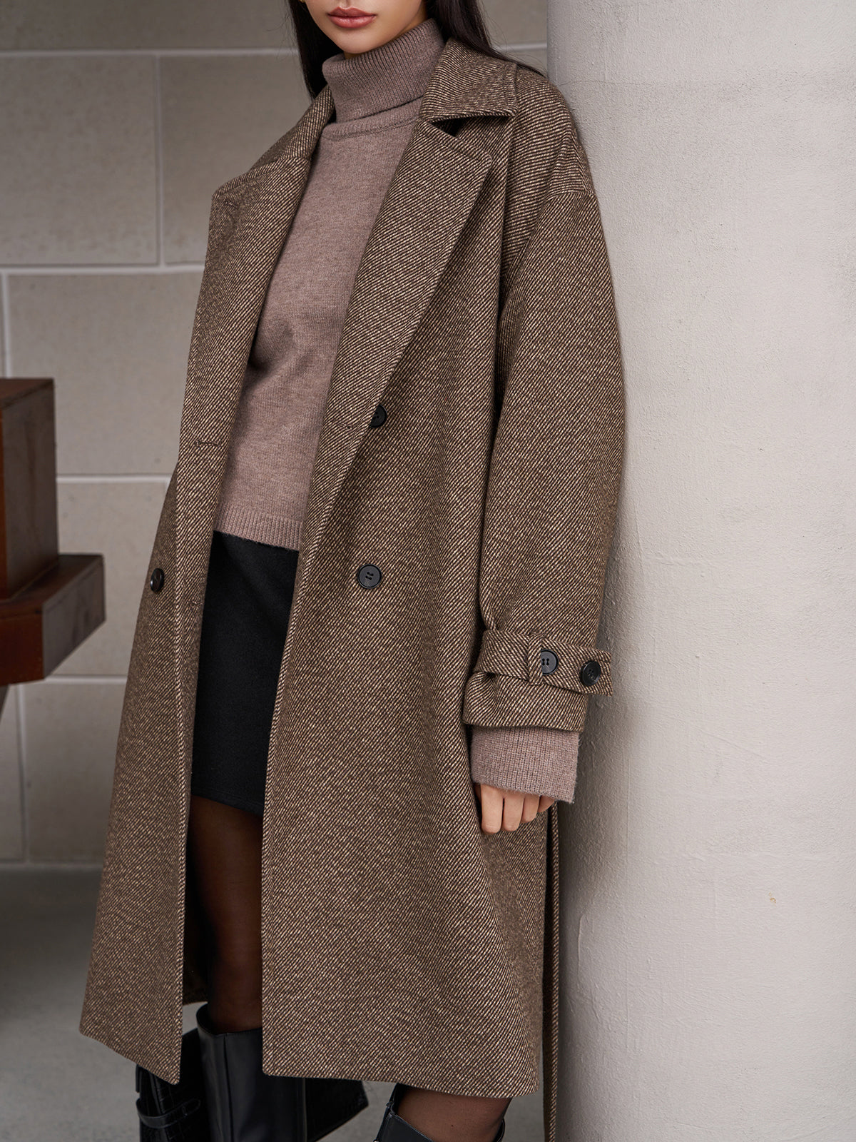 Belted Pockets Long Wool Coat