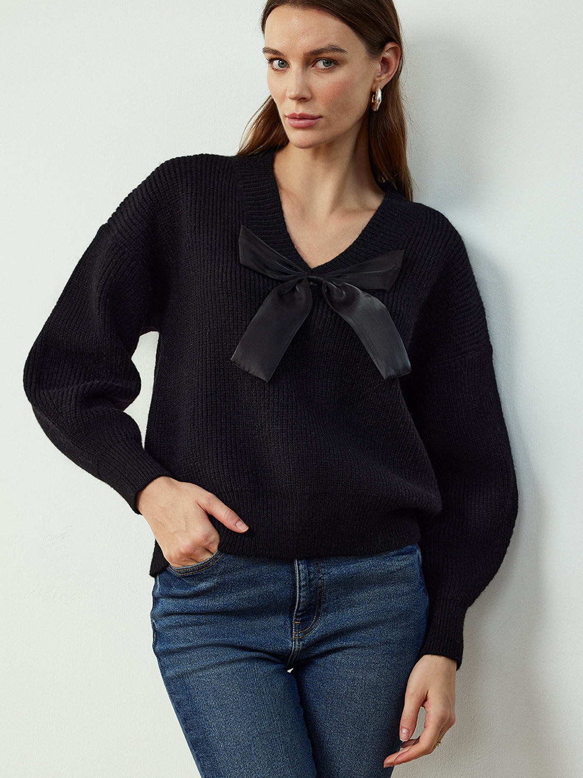 V-Neck Bow-Decor Sweater