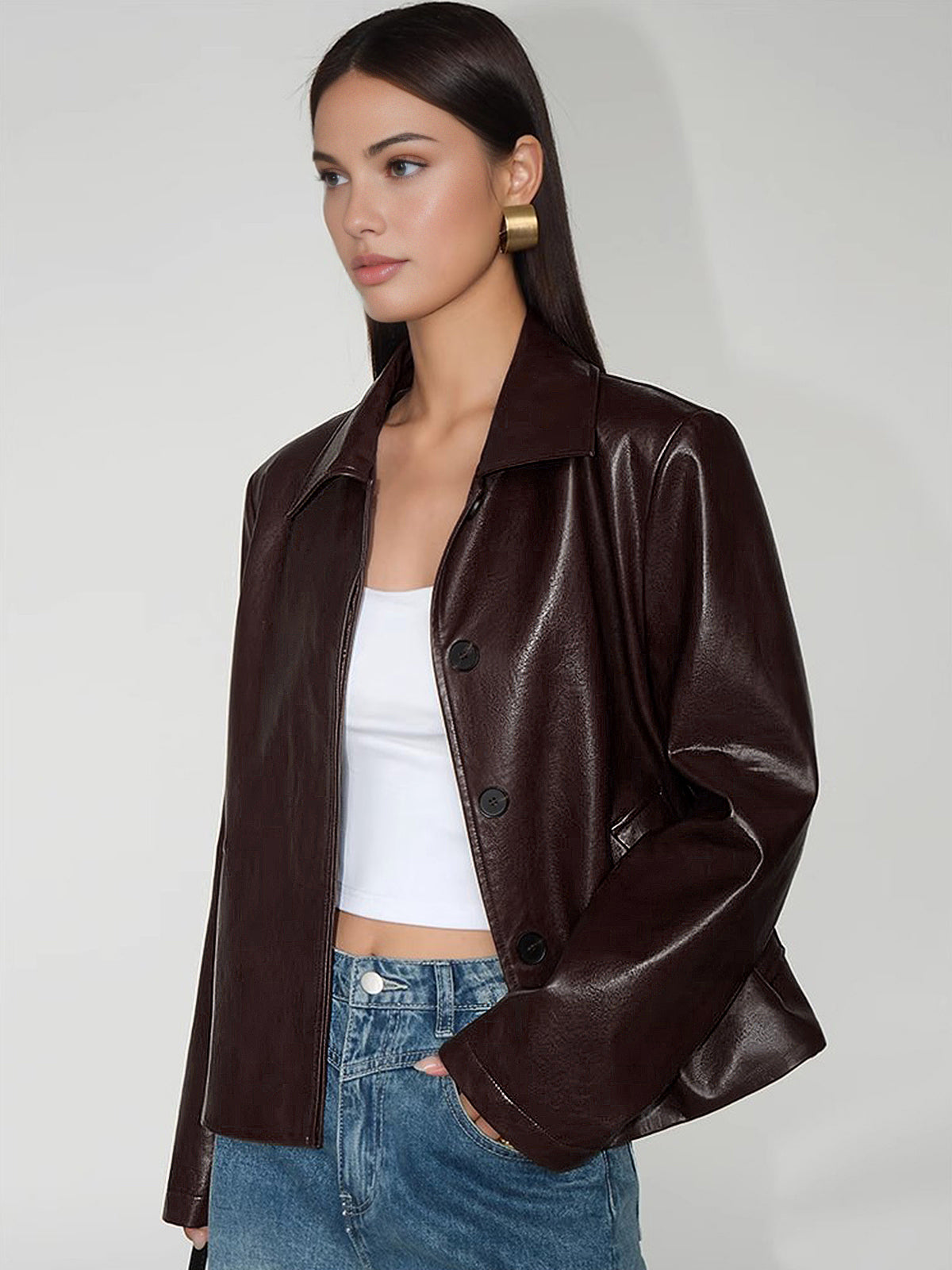 Faux Leather Zipper Short Polo Jacket