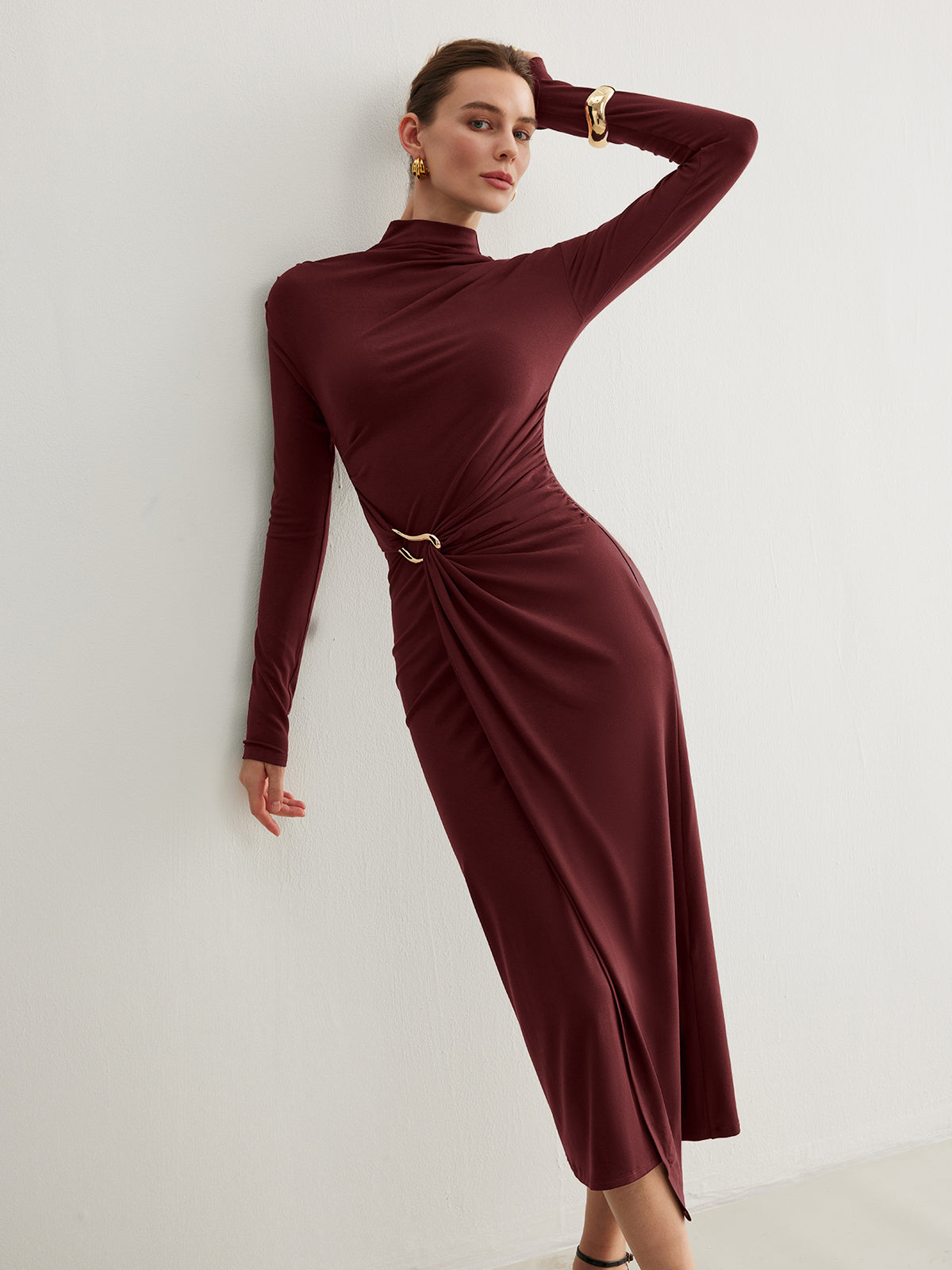 Irregular Metal-Ring Slit Pleated Dress