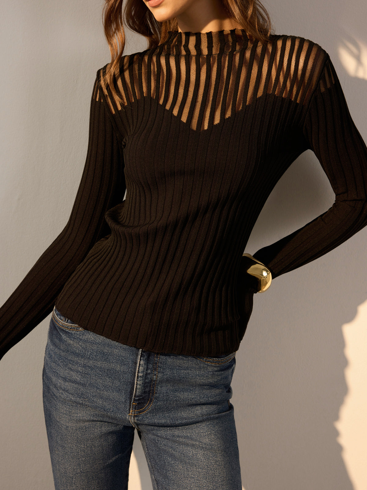 Ribbed Sheer-Shoulder Knit Top