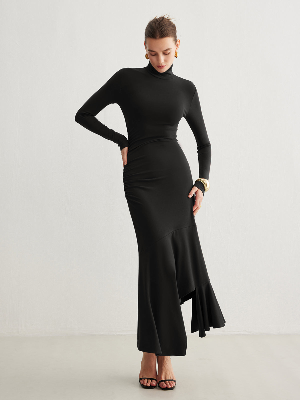 Turtleneck Irregular Pleated Long Dress