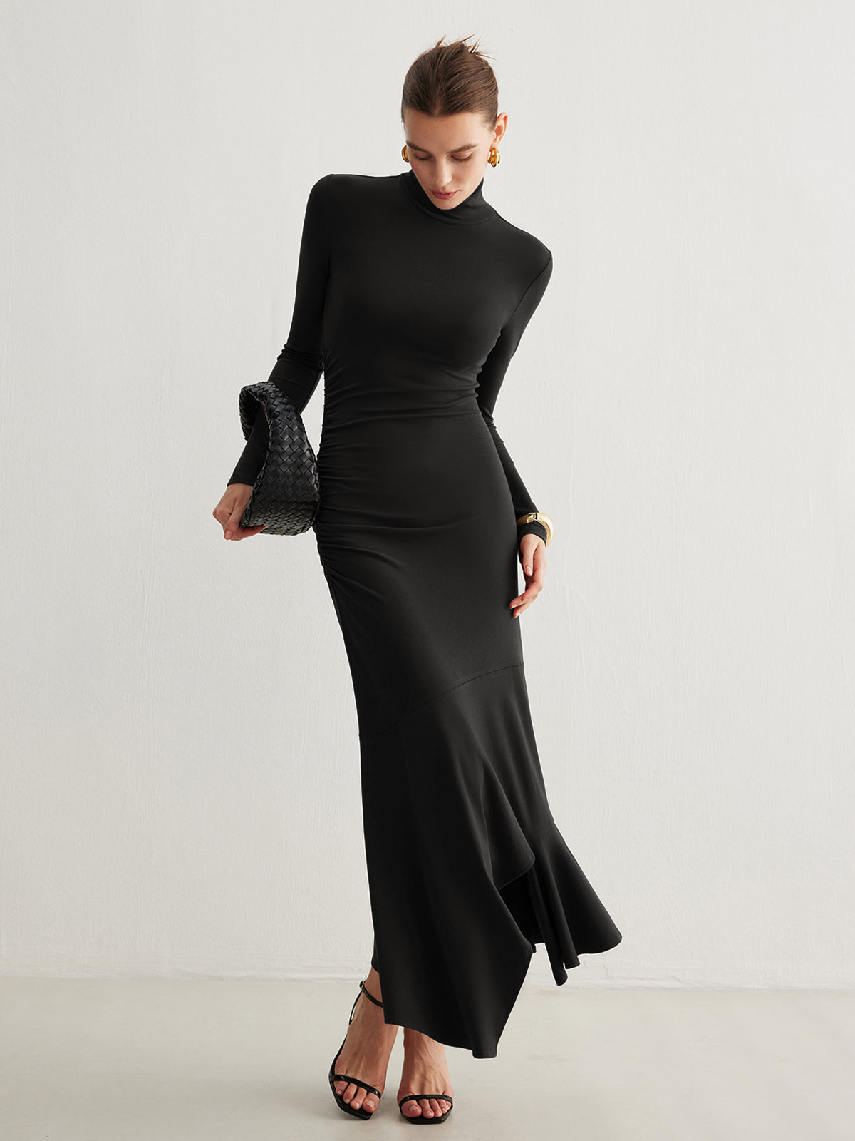 Turtleneck Irregular Pleated Long Dress