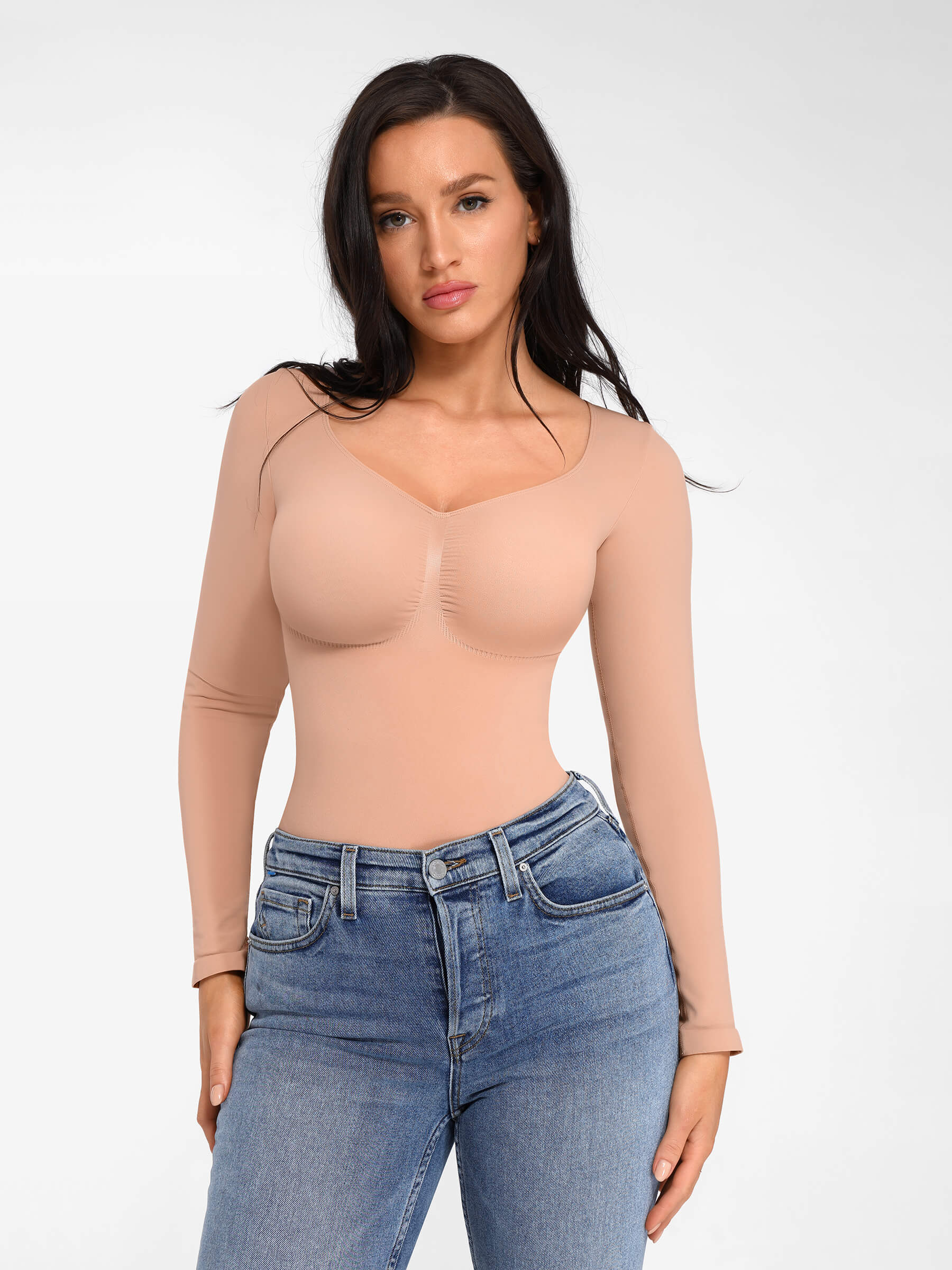Hej Curve| Sömlös långärmad bröststöd magekontroll tanga bodysuit