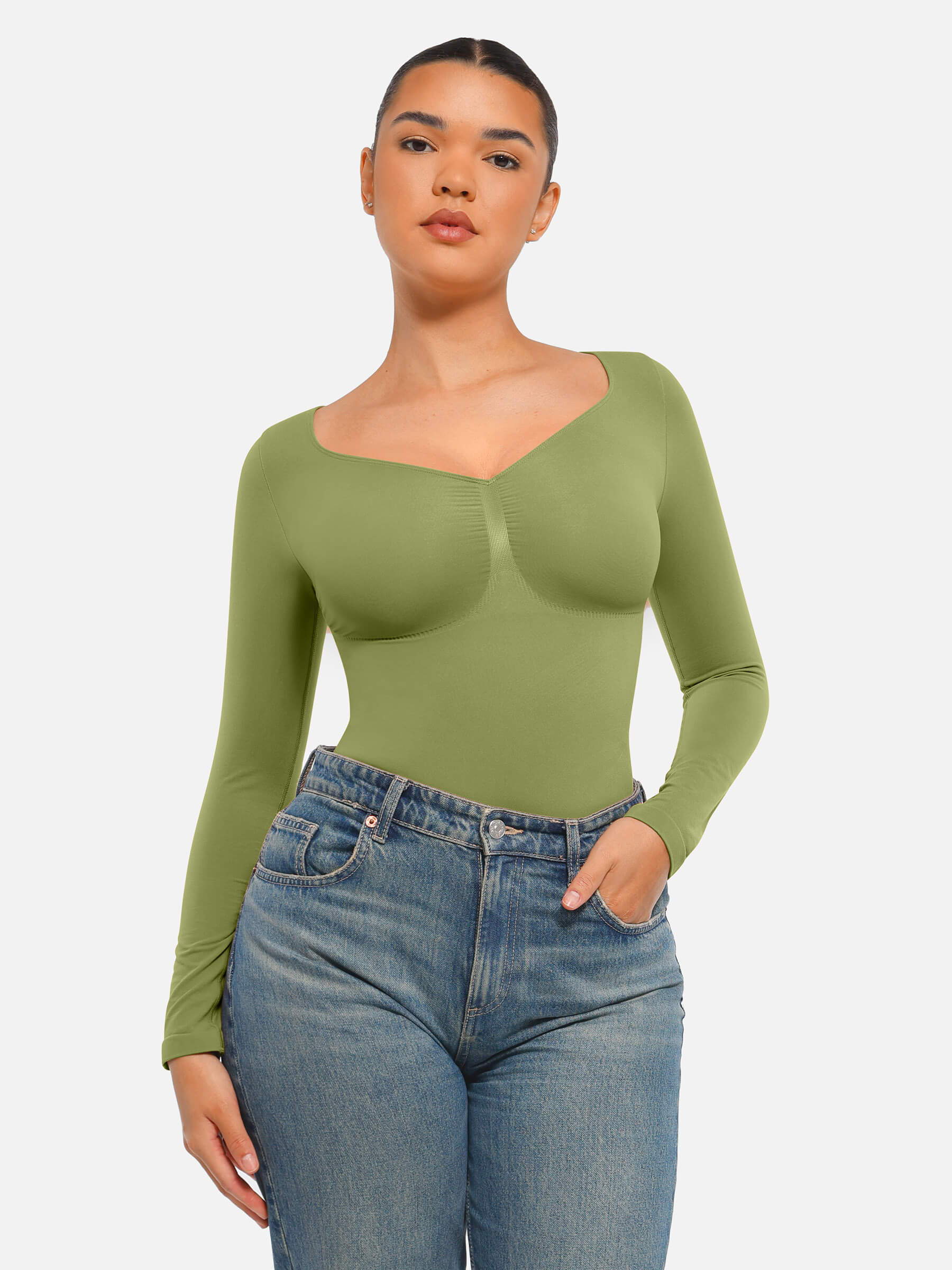 Hej Curve| Sömlös långärmad magekontroll tanga bodysuit