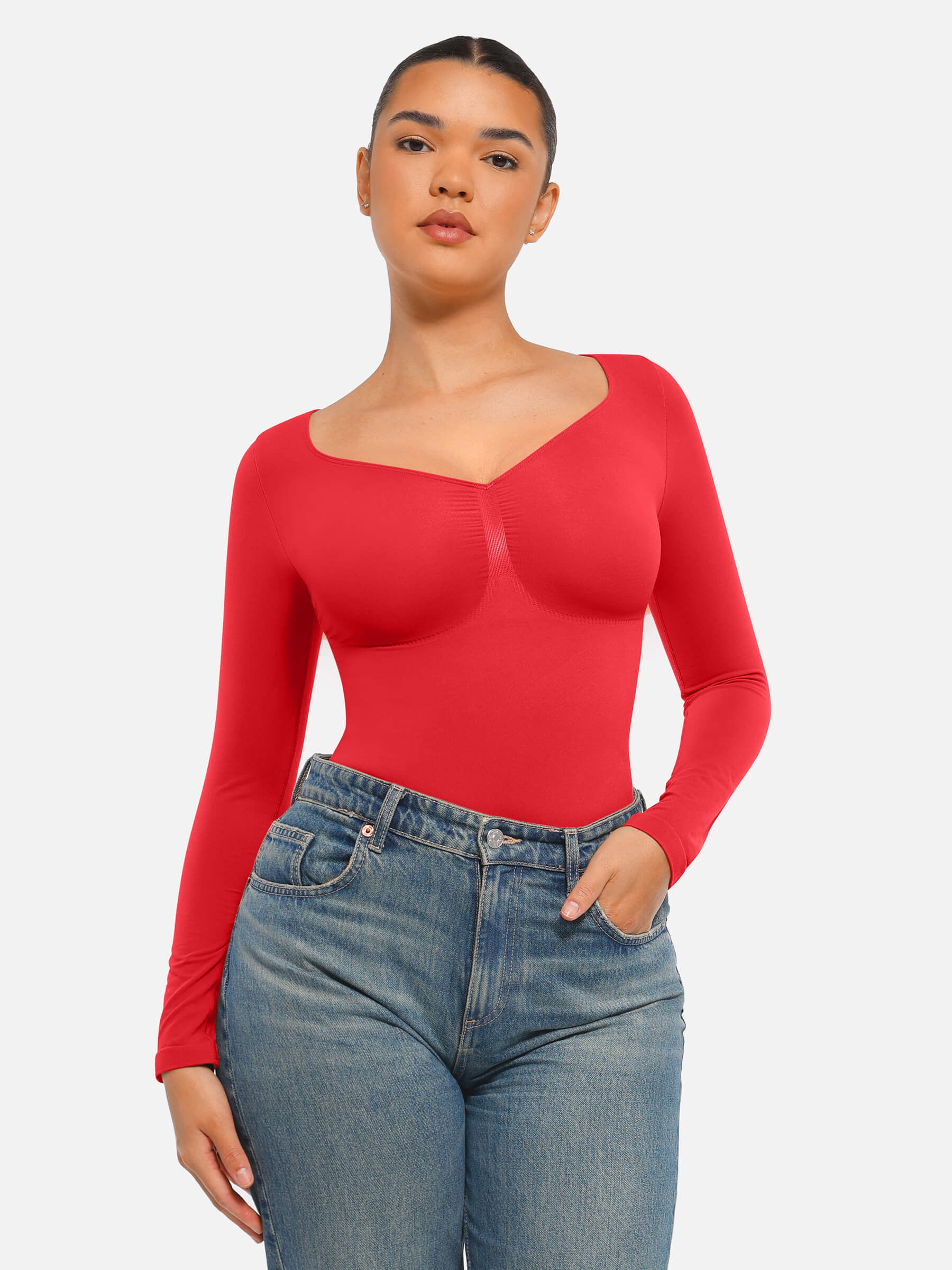 Hej Curve| Sömlös långärmad magekontroll tanga bodysuit