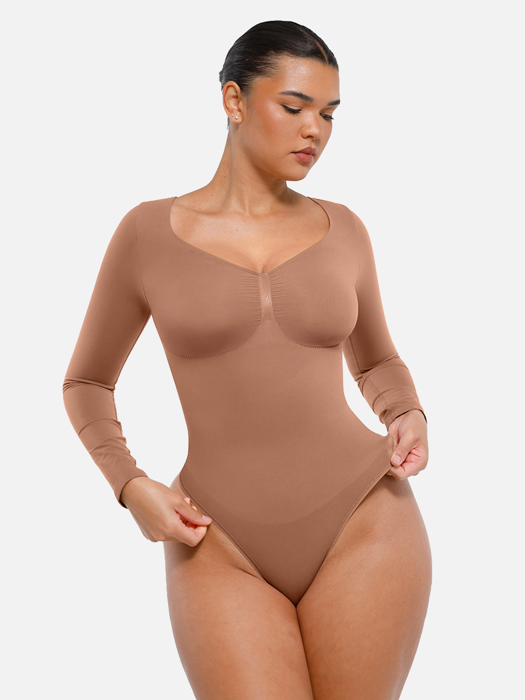 Hej Curve| Sömlös långärmad magekontroll tanga bodysuit
