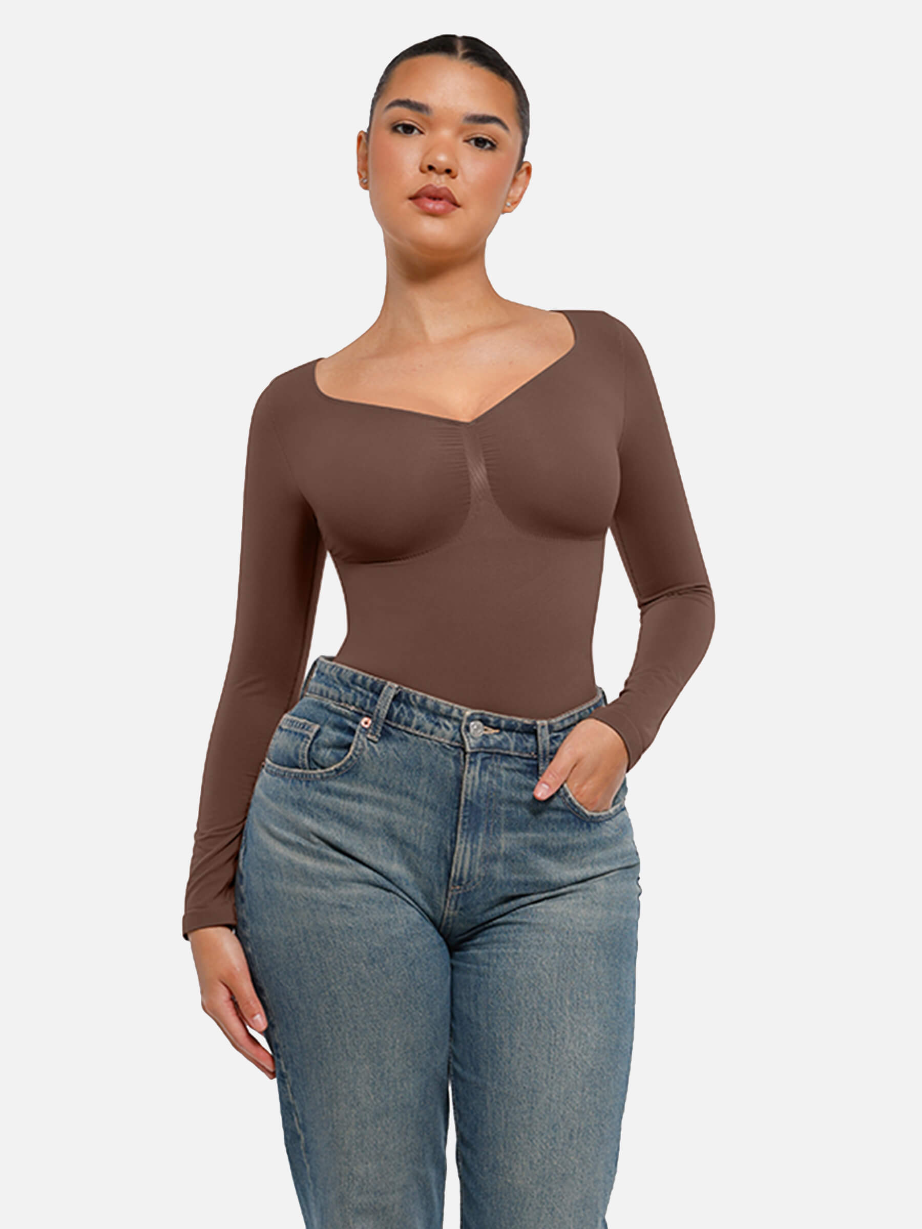 Hej Curve| Sömlös långärmad magekontroll tanga bodysuit