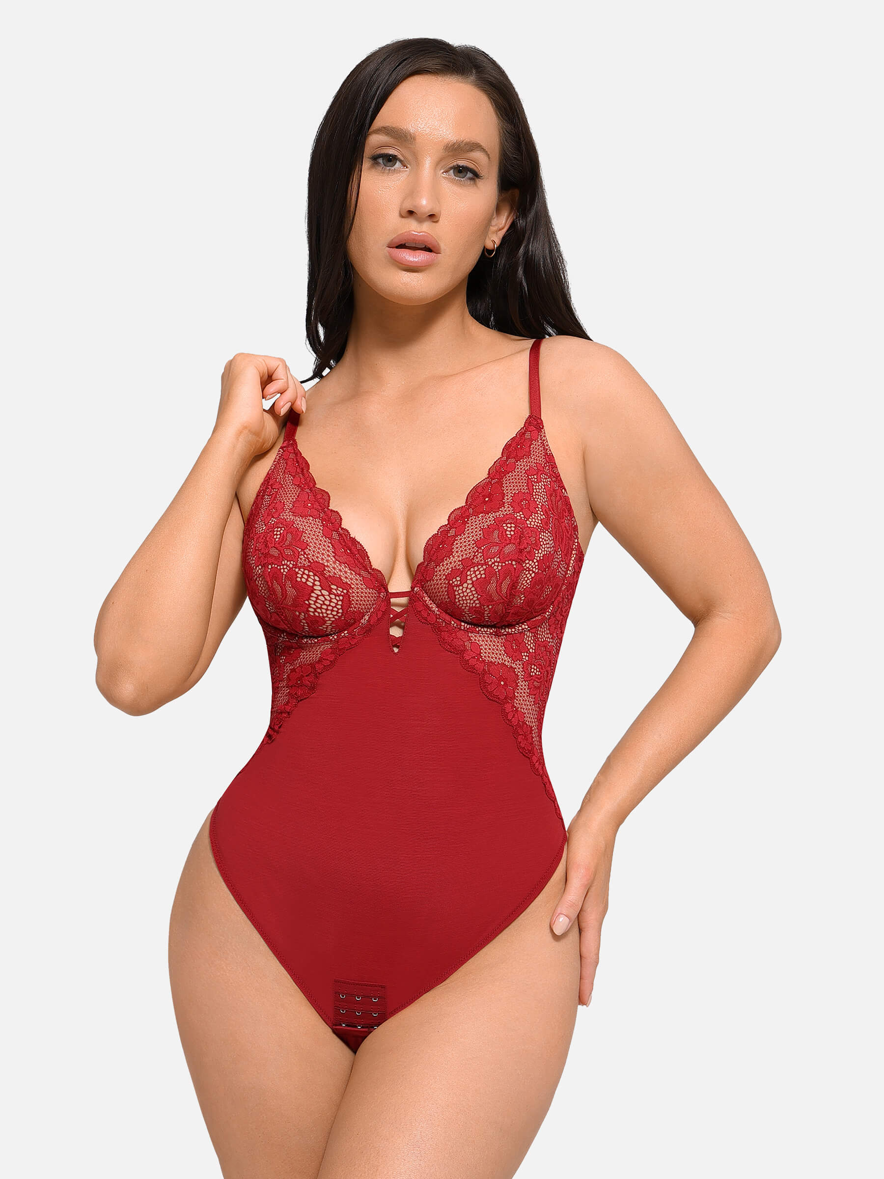 Hej Curve| V-ringad Elegant Spets Formande Trosor Bodysuit